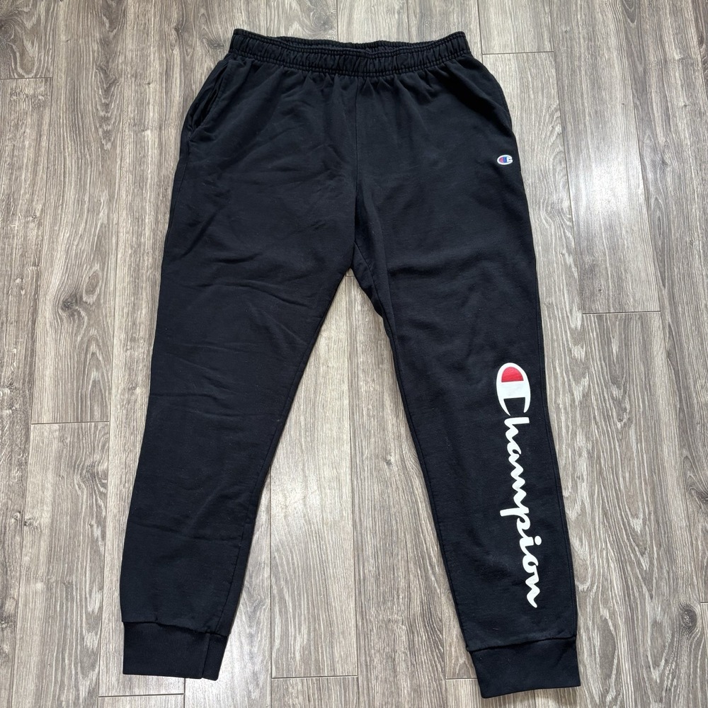 Champion Sweatpants Mens XL Black Spell Out Joggers Athletic Fleece‎ Warm Up Gym